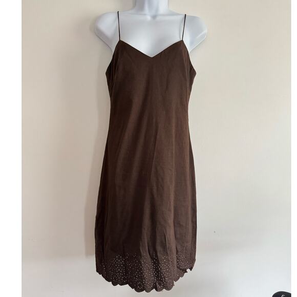 Theory Brown Eyelet Hem Slip Dress Size 6 Linen Blend Spaghetti Strap Midi Y2k - Picture 1 of 6